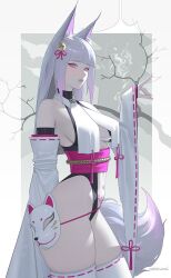  animal_ears breasts detached_sleeves female fox_ears fox_girl fox_tail japanese_clothes miko neozumi original purple_eyes solo tail thighhighs white_hair 