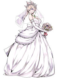  absurdres bare_shoulders blue_eyes blush bouquet breasts bridal_veil cleavage commentary commission dress earrings elbow_gloves english_commentary fate/grand_order fate_(series) female flower gloves grin highres jewelry large_breasts long_hair looking_at_viewer magatama magatama_necklace minew miyamoto_musashi_(fate) necklace one_eye_closed pink_hair ponytail rose smile solo swept_bangs veil wedding_dress white_background white_dress white_flower white_gloves white_rose 