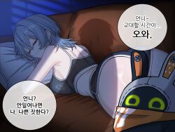  2girls aidia_chronel ass back bangboo_(zenless_zone_zero) bare_shoulders belle_(zenless_zone_zero) bra breasts closed_eyes clothes_writing couch eous_(zenless_zone_zero) genderswap_(mtf) grey_bra grey_hair grey_panties grey_sports_bra hair_between_eyes head_on_pillow highres hugging_object indoors large_breasts lying multiple_girls on_couch on_stomach panties pillow pillow_hug rule_63 shadow short_hair shoulder_blades sideboob sleeping speech_bubble sports_bra sports_panties standing_over thighs translation_request underwear underwear_writing wise_(zenless_zone_zero) zenless_zone_zero zzz 