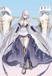  absurdres arm_guards asymmetrical_bangs azur_lane belfast_(azur_lane) belfast_(retrofit)_(azur_lane) between_breasts big_hair blue_background blue_eyes boots braid breasts broken broken_chain chain_between_breasts chains cleavage closed_mouth collar commentary_request detached_collar double-parted_bangs dress female floating_hair frilled_collar frills full_body garter_straps gem gloves gradient_background hair_between_eyes half_up_braid highres huge_breasts knee_boots lace-trimmed_thighhighs lace_trim light_smile long_hair looking_at_viewer low_neckline maid maid_headdress platform_boots purple_gem regulus082 rigging royal_navy ship_turret simple_background smile solo standing thighhighs two-tone_background very_long_hair white_garter_straps white_gloves white_hair white_headdress white_thighhighs 