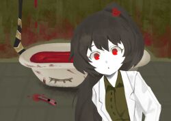  arms_behind_back blood bloodbath_(project_moon) boxcutter brown_hair carmen_(project_moon) coat collared_shirt commentary_request debbie_kimm female green_shirt high_ponytail highres lab_coat lobotomy_corporation looking_at_viewer ponytail project_moon red_eyes shirt solo white_coat 