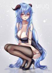  alternate_costume alternate_hair_length_(longer) alternate_hairstyle artist_name black_dress black_horns black_shoes black_thighhighs blue_hair blue_nails breasts commentary crossed_bangs double-parted_bangs dress female full_body ganyu_(genshin_impact) garter_straps genshin_impact glitter_dress hair_between_eyes hair_over_shoulder high_heels horns long_bangs long_hair miuq_chan multicolored_horns nail_polish pencil_dress purple_eyes red_horns see-through_clothes see-through_legwear shoes short_dress simple_background solo spaghetti_strap sparkle thighhighs thighs twitter_username two-tone_horns very_long_hair white_background 