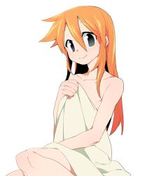  1boy bard_(sekaiju) bard_1_(sekaiju) commentary_request dangle_earrings diamond_(gemstone) earrings grey_eyes hair_between_eyes holding holding_towel jewelry long_hair looking_at_viewer male_focus naked_towel orange_hair sekaiju_no_meikyuu sekaiju_no_meikyuu_1 simple_background sitting smile solo split_mouth suno_(imydream) towel trap white_background 