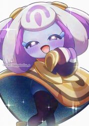  blue_skin blush character_request colored_skin commentary gatochu_e highres kirby_(series) kirby_and_the_world_beyond mysterious_girl_(kirby_and_the_world_beyond) open_mouth own_hands_together purple_eyes rayman_limbs smile solo sparkle twitter_username watermark white_hair 