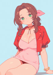  aerith_gainsborough artist_name blue_background blush_stickers bow bracelet braid braided_ponytail breasts brown_hair chromatic_aberration cleavage closed_mouth commentary covered_navel covered_nipples cowboy_shot cropped_jacket curtained_hair dot_nose dress female film_grain final_fantasy final_fantasy_vii green_eyes hairbow head_tilt highres invisible_chair jacket jewelry large_breasts long_hair looking_at_viewer low_neckline necklace open_clothes open_jacket pink_bow pink_dress red_jacket short_dress sidelocks simple_background sitting solo tayuido thighs twitter_username 