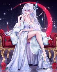  absurdres alternate_costume black_background breasts chains cleavage commentary couch crescent double-parted_bangs dress earrings feather_boa female flower full_body genshin_impact glitter_dress gradient_background hair_between_eyes hair_ornament hair_over_shoulder high_heels highres jewelry leaf long_bangs long_dress long_hair miuq_chan multi-source_commentary night on_couch red_eyes red_flower red_rose reflective_floor rose shoes single_earring sitting skirk_(genshin_impact) solo sparkle very_long_hair white_dress white_hair white_shoes 