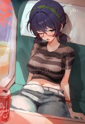  alternate_costume belle_(zenless_zone_zero) belt black_shirt blue_hair blue_pants breasts collarbone commentary denim desire_(des1re) dutch_angle female glasses green_hairband hair_ribbon hairband highres large_breasts looking_down midriff navel one_eye_closed open_mouth pants red-framed_eyewear red_ribbon ribbon shirt short_hair short_sleeves short_twintails sitting solo squeans twintails white_belt zenless_zone_zero 