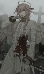  1boy absurdres angel_wings arm_belt bandaged_hand bandages blood blood_on_clothes blood_stain character_request commentary_request copyright_request dagger feathered_wings fog halo head_wings highres holding holding_dagger holding_knife holding_weapon jacket jiz_(pffbq) knife male_focus pink_hair solo tombstone weapon white_jacket wings 