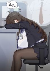  1boy absurdres black_jacket black_pantyhose black_skirt bra_visible_through_clothes breasts brown_hair chair commentary_request female head_rest highres huge_breasts indoors jacket lanyard long_hair office_lady on_chair original pantyhose shirt sitting skirt sleeping sleeping_on_desk sleeping_upright spammayoss white_shirt 