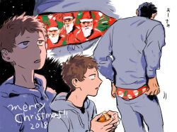  2018 2boys asada_nemui black_hair brown_hair clothes_pull commentary_request grey_hoodie highres hitoshi_arai hood hoodie long_sleeves makami_mayumi male_focus male_underwear male_underwear_peek merry_christmas multiple_boys multiple_views my_little_inferno pants pants_pull print_male_underwear short_hair sweater underwear 