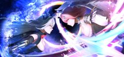  2girls absurdres bare_shoulders black_bodysuit black_gloves black_horns bodysuit breasts closed_mouth commentary detached_sleeves dress duel elbow_gloves eldreda_sunbringer english_commentary from_side gloves grey_hair hair_between_eyes hair_ornament hairclip highres horns large_breasts logkey long_hair medium_hair mole mole_on_breast multiple_girls parted_lips pink_hair remielle_dan sparkle white_dress white_wings wings yellow_eyes zenless_zone_zero 