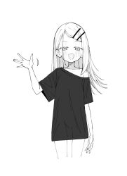  :d \||/ blush collarbone commentary_request cropped_legs female flipped_hair gakuen_idolmaster greyscale hair_ornament hairclip hand_up highres idolmaster long_hair looking_at_viewer monochrome motion_lines open_mouth oversized_clothes oversized_shirt parallel_hairclips sabisabi shinosawa_hiro shirt short_sleeves simple_background single_bare_shoulder smile solo standing t-shirt unfinished waving white_background 
