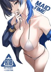  absurdres bare_shoulders bikini blue_eyes blue_hair blue_jacket breasts cleavage colored_inner_hair commentary content_rating english_commentary english_text female from_above highres hololive hololive_english jacket large_breasts medium_hair multicolored_hair navel off_shoulder ouro_kronii ouro_kronii_(4th_costume) si_farid sideboob solo swimsuit virtual_youtuber white_background 