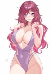  artist_name bare_shoulders blush borrowed_character breasts cleavage commentary covered_navel english_commentary female full_cleavage hands_up highleg highres large_breasts long_hair looking_at_viewer original purple_eyes purple_hair rami_(depressrami) simple_background sleeveless smile solo very_long_hair vitter white_background 