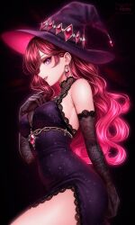  absurdres artist_name bare_shoulders black_gloves breasts cleavage commentary cowboy_shot depressrami dress earrings elbow_gloves english_commentary female from_side gem gloves hair_between_eyes hat highres jewelry lace-trimmed_dress lace-trimmed_gloves lace_trim lips long_hair looking_at_viewer looking_to_the_side medium_breasts original parted_lips purple_dress purple_eyes purple_gem purple_hair purple_hat rami_(depressrami) sleeveless sleeveless_dress smile solo very_long_hair witch_hat 
