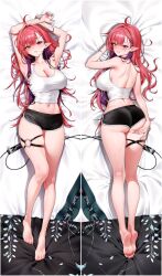  ahoge armpit_crease armpits arms_behind_head arms_up ass back backless_outfit bare_arms bare_legs bare_shoulders barefoot bed_sheet black_shorts blue_nails breasts camisole chano39 cleavage commentary commission crop_top dakimakura_(medium) dolphin_shorts feet female from_behind full_body grin halterneck hand_on_own_ass hand_up heterochromia kurenai_natsuki_(vtuber) large_breasts long_hair looking_at_viewer looking_back lying median_furrow micro_shorts midriff mole mole_under_eye multicolored_hair multiple_views nail_polish navel on_back parted_lips pointy_ears purple_eyes purple_hair red_hair shirt short_shorts shorts skindentation sleeveless sleeveless_shirt smile soles stardays stomach thigh_strap thighs toes two-tone_hair underbutt very_long_hair virtual_youtuber watermark watermark_grid white_shirt yellow_eyes 