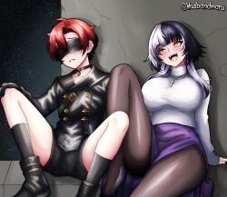  1boy 9s_(nier:automata) 9s_(nier:automata)_(cosplay) ahoge alternate_costume arcueid_brunestud arcueid_brunestud_(cosplay) arm_support artist_name belt_buckle black_choker black_gloves black_hair black_nails black_pantyhose black_shoes black_shorts black_socks blindfold boots breasts buckle buttons choker clenched_teeth collarbone commentary cosplay covered_eyes cross cross_necklace crossover double-breasted english_commentary female gloves grey_hair hair_between_eyes high_heels highres hololive hololive_english holostars holostars_english husbandmaru jacket jewelry large_breasts legs long_hair long_sleeves machina_x_flayon multicolored_hair necklace nier:automata nier_(series) open_mouth pantyhose purple_skirt red_hair shiori_novella shoes short_hair shorts sitting skirt smile socks space split-color_hair sweater teeth thighs tongue tsukihime tsukihime_(remake) turtleneck turtleneck_sweater two-tone_hair upper_teeth_only virtual_youtuber white_sweater yellow_eyes 