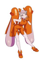  absurdres commentary covered_navel female food full_body gloves grin hand_on_own_back hand_to_own_mouth hand_up highres jikon_(jikooonf) leaning_forward long_hair looking_at_viewer open_hand orange_gloves orange_romper orange_shoes original personification pink_eyes pink_hair romper sausage shoes simple_background sleeveless_romper smile smug solo standing twintails untranslatable_commentary very_long_hair white_background 