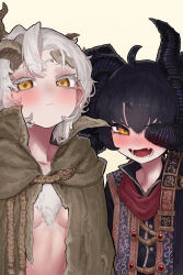  2girls absurdres ahoge black_hair blush breasts cloak commentary_request ekrea_jan elden_ring genderswap_(mtf) highres horns looking_at_viewer mohg_lord_of_blood monster_girl morgott_the_omen_king multiple_girls multiple_horns naked_cloak open_mouth robe rule_63 short_hair small_breasts teeth upper_body white_hair yellow_eyes 