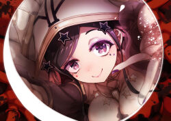  black_hair breasts brown_eyes closed_mouth commentary_request crystal_ball female highres jewelry kyukyutto_(denryoku_hatsuden) large_breasts long_hair looking_at_viewer magical_girl mahou_shoujo_ikusei_keikaku mahou_shoujo_ikusei_keikaku_limited pity_frederica purple_nails ring smile star_ornament white_hood 