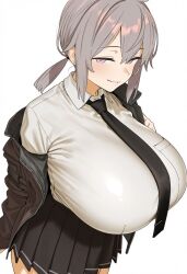  ai-generated alternate_breast_size_(larger) beruka_(beruyon) black_jacket black_necktie black_skirt breasts cheyanne_(girls'_frontline_2) collared_shirt commentary_request female girls'_frontline girls'_frontline_2:_exilium grey_hair half-closed_eyes highres huge_breasts jacket long_sleeves looking_at_viewer low_ponytail m200_(girls'_frontline) necktie open_clothes open_jacket pleated_skirt ponytail purple_eyes seductive_smile shirt simple_background skirt smile solo white_background white_shirt 
