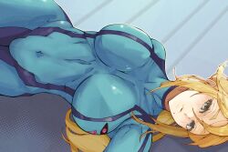  absurdres blonde_hair blue_bodysuit blue_eyes bodysuit breasts commentary covered_navel female hair_between_eyes halftone highres impossible_bodysuit impossible_clothes large_breasts light_blush long_hair looking_at_viewer lying metroid mole mole_under_mouth on_back photo-referenced pyxgt samus_aran skin_tight solo zero_suit 