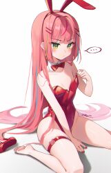  ... animal_ears bare_arms bare_legs bare_shoulders barefoot between_legs blush bow bowtie closed_mouth commentary covered_navel detached_collar fake_animal_ears female frown green_eyes hair_ornament hairband hairclip hanako_nana hand_between_own_legs high_heels highleg highleg_leotard highres ika_(4801055) leotard long_hair looking_down multicolored_hair nail_polish pink_hair playboy_bunny rabbit_ears red_hairband red_leotard red_nails red_sandals sandals simple_background sitting skindentation solo spoken_ellipsis stellive strapless strapless_leotard streaked_hair thigh_strap thighs untranslatable_commentary v-shaped_eyebrows very_long_hair virtual_youtuber wariza white_background 
