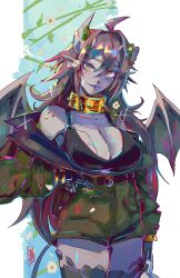  absurdres ahoge black_bra boutsoftheblind bra breasts broken_horn cleavage collar colored_skin commentary cracked_skin female flower gargoyle gold_collar green_jumpsuit grey_hair grey_horns grey_skin grey_wings hair_between_eyes hair_flower hair_intakes hair_ornament highres horns indie_virtual_youtuber jax_(vtuber) jumpsuit large_breasts long_hair looking_at_viewer open_jumpsuit rock_skin simple_background solo spiked_collar spikes thighs underwear virtual_youtuber wings yellow_eyes 