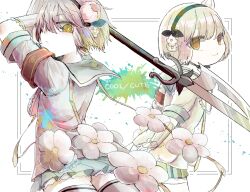  armband black_hairband bud commentary_request female flower gamo_tako hair_flower hair_ornament hairband highres holding holding_polearm holding_weapon magical_girl mahou_shoujo_ikusei_keikaku pink_hair polearm sailor_collar school_uniform short_hair skirt smile snow_white_(mahoiku) thighhighs weapon white_flower white_thighhighs yellow_eyes 