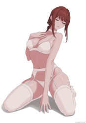 absurdres artist_name bare_shoulders between_legs bra braid braided_ponytail breasts chainsaw_man choker cleavage closed_mouth collarbone commentary commission english_commentary female full_body garter_belt garter_straps half-closed_eyes hand_between_own_legs hand_on_own_chest hand_up highres kneeling large_breasts lingerie long_hair makima_(chainsaw_man) navel no_shoes panties pcharlesart red_hair ringed_eyes sidelocks simple_background skindentation solo stomach thighhighs thighs underwear white_background white_bra white_choker white_garter_belt white_garter_straps white_panties white_thighhighs yellow_eyes 