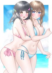  2girls absurdres bikini black_hair blue_bikini blue_eyes blush breasts brown_hair cleavage closed_mouth collarbone commentary_request cowboy_shot day fingernails hair_between_eyes halterneck hand_up highres hug hug_from_behind large_breasts lino_(lilyparty07) long_hair looking_at_viewer mole mole_under_eye multiple_girls navel open_mouth original outdoors pink_bikini side-tie_bikini_bottom smile stomach string_bikini swimsuit triangle_bikini_top yellow_eyes yuri 