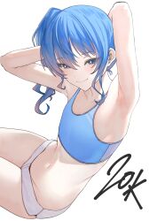  absurdres alternate_costume armpits arms_behind_head blue_eyes blue_hair blue_sports_bra collarbone female flat_chest highres hololive hoshimachi_suisei looking_at_viewer milestone_celebration presenting_own_armpit short_shorts shorts si_farid side_ponytail simple_background smile solo sports_bra star_(symbol) star_in_eye sweat symbol_in_eye underwear underwear_only virtual_youtuber white_shorts 