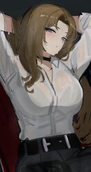  absurdres belt blue_eyes blush bra_visible_through_clothes breasts brown_hair choker collarbone collared_shirt female grey_background half-closed_eyes hands_in_own_hair highres limbus_company looking_at_viewer open_mouth project_moon rodion_(project_moon) see-through_clothes see-through_shirt shirt simple_background skvina sleeves_rolled_up sweat upper_body wet wet_clothes wet_shirt 