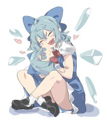  :d black_shoes blue_bow blue_dress blue_eyes blue_hair blush bow cirno closed_eyes commentary dress fairy female fumo_(doll) fuzi3535 hair_between_eyes heart highres hugging_doll hugging_object ice ice_wings legs medium_hair open_mouth shirt shoes short_sleeves sitting smile socks solo thighs touhou untranslatable_commentary white_background white_shirt white_socks wings 