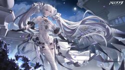  absurdres bare_shoulders black_gloves claw_ring closed_mouth commentary_request detached_sleeves dress gloves highres long_hair looking_at_viewer luna:_oblivion_(moonlight_soliloquy)_(pgr) luna_(pgr) mechanical_wings official_alternate_costume official_art punishing:_gray_raven second-party_source single_wing twintails white_dress white_hair white_wings wings 