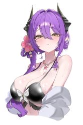  absurdres bare_shoulders bikini black_bikini black_horns breasts commentary_request cropped_torso double-parted_bangs dragon_girl dragon_horns female flower hair_between_eyes hair_flower hair_intakes hair_ornament hair_over_shoulder half-closed_eyes hea_(hea1021) highres horns jewelry korean_commentary large_breasts light_blush long_hair looking_at_viewer necklace parted_lips pendant pink_flower pointy_ears purple_hair sakihane_huya shiny_skin sideboob simple_background solo starfish stellive sweat swimsuit virtual_youtuber white_background yellow_eyes 