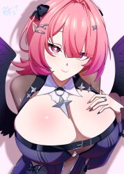  absurdres black_dress black_shrug black_wings breasts chest_belt commentary_request dress feathered_wings female gekiyaku_1204 hand_on_own_chest highres large_breasts looking_at_viewer medium_hair official_alternate_costume pink_hair pointy_ears purple_eyes remielle_dan remielle_dan_(moonlight_whispers) shrug_(clothing) simple_background solo wings zenless_zone_zero 