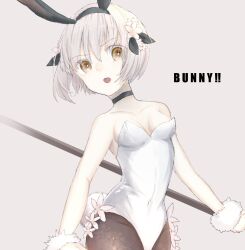  animal_ears breasts commentary_request fake_animal_ears female flower gamo_tako grey_background hair_flower hair_ornament hairband highres holding holding_weapon mahou_shoujo_ikusei_keikaku open_mouth pink_hair playboy_bunny short_hair snow_white_(mahoiku) weapon white_flower yellow_eyes 