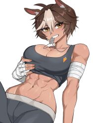  abs absurdres animal_ears arm_wrap bandages breasts brown_hair cleavage commentary dog_tags english_commentary female grey_sports_bra gym_shorts hand_wraps highres horse_ears horse_girl horse_tail hyyun_ho indie_virtual_youtuber multicolored_hair muscular muscular_female shorts sports_bra tail tomoe_umari virtual_youtuber white_hair 
