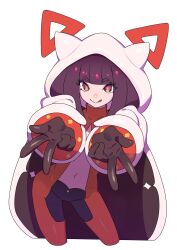  :> :q black_coat black_eyes black_hair blunt_bangs bodysuit clothing_cutout coat commentary controller cropped_legs double_w female gyaru_w highres hood hood_up hooded_coat horned_hood horns jacket jikon_(jikooonf) looking_at_viewer medium_hair navel open_clothes open_coat original outstretched_arms red_bodysuit simple_background smile solo standing stomach_cutout tongue tongue_out triangle two-sided_coat two-sided_fabric untranslatable_commentary w white_background white_jacket 
