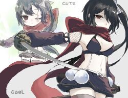  black_hair breasts commentary_request detached_sleeves female gamo_tako hair_ornament highres holding holding_sword holding_weapon long_hair magical_girl mahou_shoujo_ikusei_keikaku navel ninja one_eye_closed red_eyes red_scarf ripple_(mahoiku) scar scar_on_face scarf shuriken_hair_ornament sword weapon 