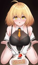  absurdres ahoge bare_shoulders birthday_cake black_shirt blonde_hair breasts cake cake_slice commentary_request english_text female food happy_birthday haru_estia highres karurega looking_at_viewer md5_mismatch medium_breasts open_mouth shirt sitting sleeveless sleeveless_shirt solo soulworker thighs wariza yellow_eyes 