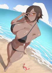  absurdres beach bikini breasts brown_hair cleavage collarbone commentary dark-skinned_female dark_skin female full_cleavage highres large_breasts limbus_company looking_at_viewer mafrn3_(g03s) outis_(project_moon) project_moon short_hair swimsuit v yellow_eyes 