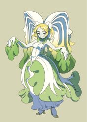  aqua_eyes blush breasts cabbage claws closed_mouth colored_skin commentary dress female freckles full_body green_hair green_leaf green_shoes green_skin green_skirt grey_background high_heels highres jikon_(jikooonf) long_hair looking_at_viewer medium_hair monster_girl multicolored_hair oerba_yun_fang original personification plant_girl quad_tails shoes sideboob simple_background skin_fang skirt sleeveless sleeveless_dress smile solo standing untranslatable_commentary very_long_hair white_dress white_hair 