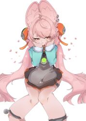  ahoge animal_ear_fluff animal_ear_piercing animal_ears blush bright_pupils female furry furry_female hair_ornament hands_on_own_cheeks hands_on_own_face heart highres invisible_chair long_hair looking_to_the_side open_mouth pink_fur pink_hair rabbit_ears rabbit_girl red_eyes samejimamayu screw short_eyebrows simple_background sitting solo sphere_hair_ornament thick_eyebrows white_background white_pupils zenless_zone_zero zhao_(zenless_zone_zero) 
