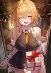  absurdres ahoge armpit_crease bare_shoulders black_shirt black_skirt blonde_hair bodysuit breasts brown_bodysuit camisole cleavage closed_eyes commentary_request commission cowboy_shot female haru_estia highres indoors jacket korean_commentary large_breasts looking_at_viewer miniskirt necktie off_shoulder okkimon open_mouth pleated_skirt second-party_source see-through_cleavage see-through_clothes shirt shirt_tucked_in short_hair short_necktie skeb_commission skirt sleeveless sleeveless_shirt smile solo soulworker spaghetti_strap white_jacket wing_collar 