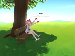  :d animal_ears bench closed_eyes commentary drunkyapsession ear_covers english_commentary english_text female grass haru_urara_(bestest_prize)_(umamusume) haru_urara_(umamusume) highres horns horse_ears horse_girl horse_tail jacket looking_at_viewer open_mouth shoes sitting smile solo tail tree umamusume wariza waving 