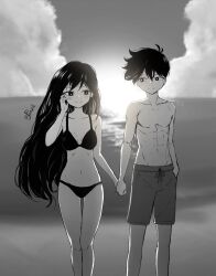  1boy beach bikini black_hair breasts female hero_(omori) highres holding_hands jayfonzil looking_at_another male_swimwear mari_(omori) ocean omori sunset swim_trunks swimsuit 