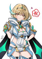  blonde_hair breasts cleavage clothing_cutout commentary_request core_crystal_(xenoblade) female highres hood hoodie large_breasts looking_at_viewer micro_shorts puffy_short_sleeves puffy_sleeves shimmer_(xenoblade) short_hair short_sleeves shorts side_cutout skindentation smile sofusan1526 thighhighs tiara upper_body white_thighhighs xenoblade_chronicles_(series) xenoblade_chronicles_3 yellow_eyes 