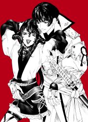  1boy 1other absurdres arms_around_neck asahi_sas_brutus au_ra black_hair black_horns black_scales blunt_bangs bowl_cut commission dragon_horns filigree final_fantasy final_fantasy_xiv flower gamugamupon gloves hair_flower hair_ornament high_ponytail highres horns hyur izumi_tol_amulius japanese_clothes katana kimono long_hair looking_at_another looking_at_viewer original other_with_male ponytail red_background scales short_hair simple_background skeb_commission smile sword tongue tongue_out weapon yukata 